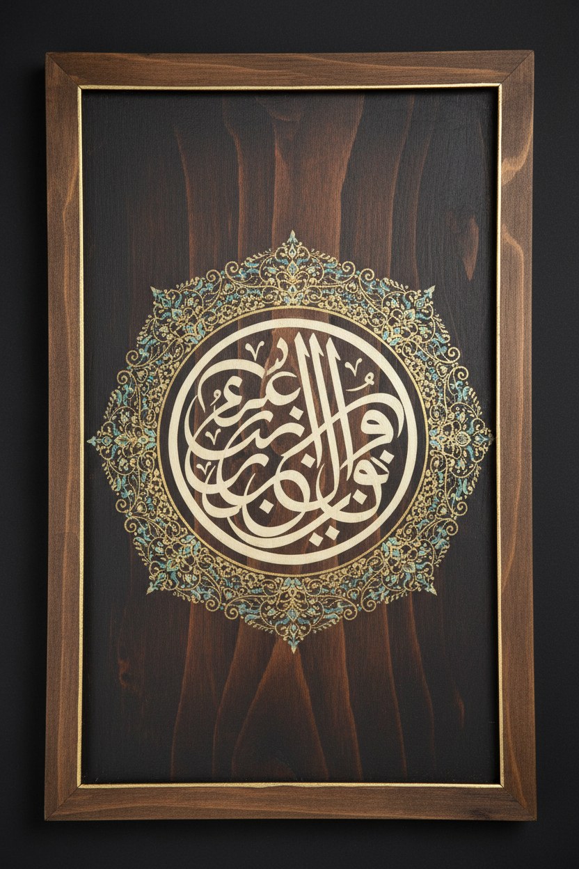 Dikey istifli hilye-i şerîf eseri, ince altın tezhip çerçeveli, is mürekkebiyle nesih yazı